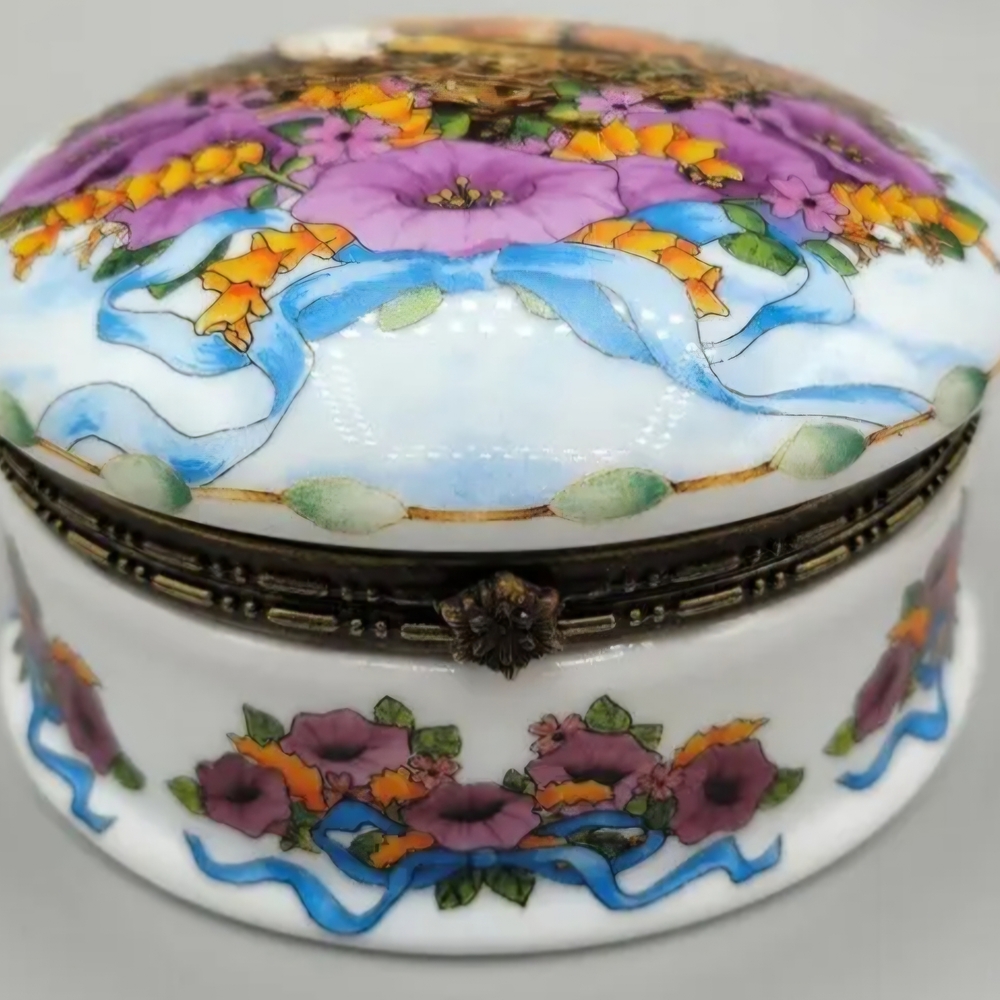 Floral Porcelain Trinket Box with Blue Ribbon Motif